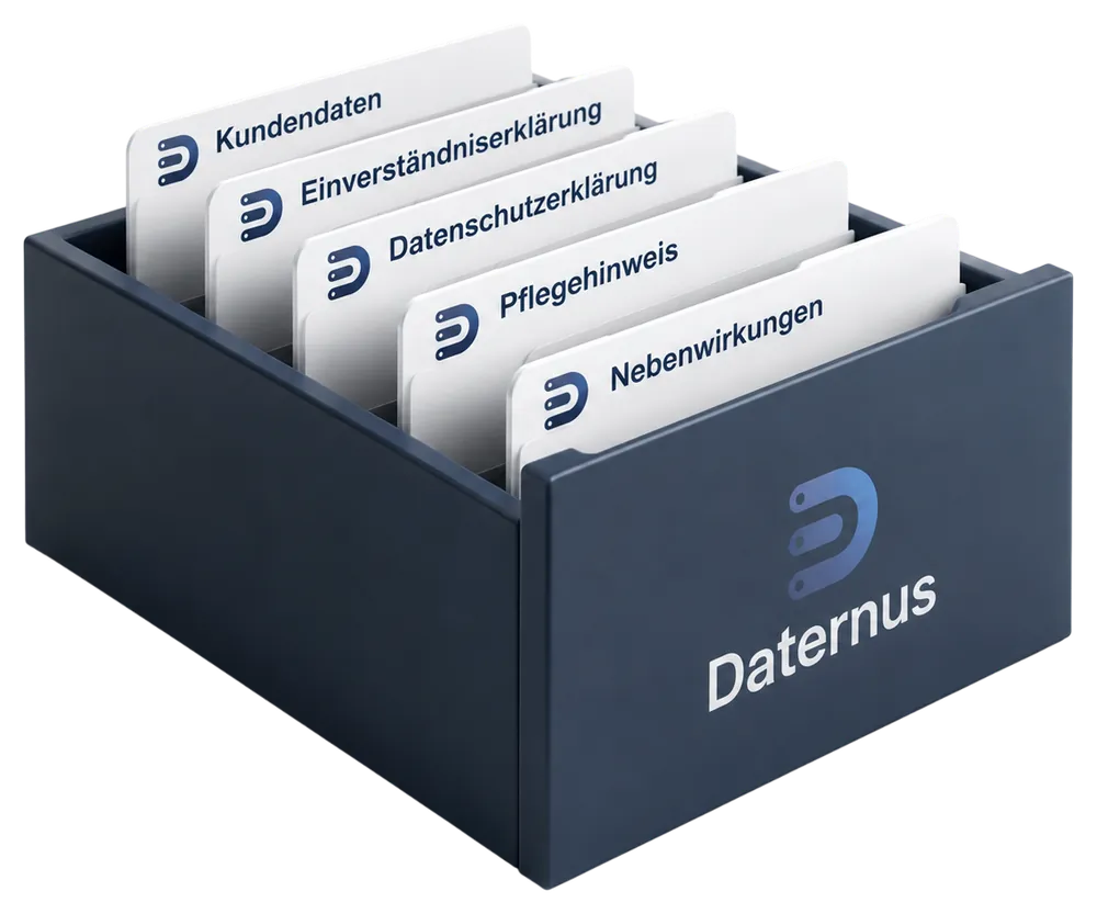 Ein Karteikasten mit fünf Reitern: Kundendaten, Einverständniserklärung, Datenschutzerklärung, Pflegehinweis, Nebenwirkungen.
