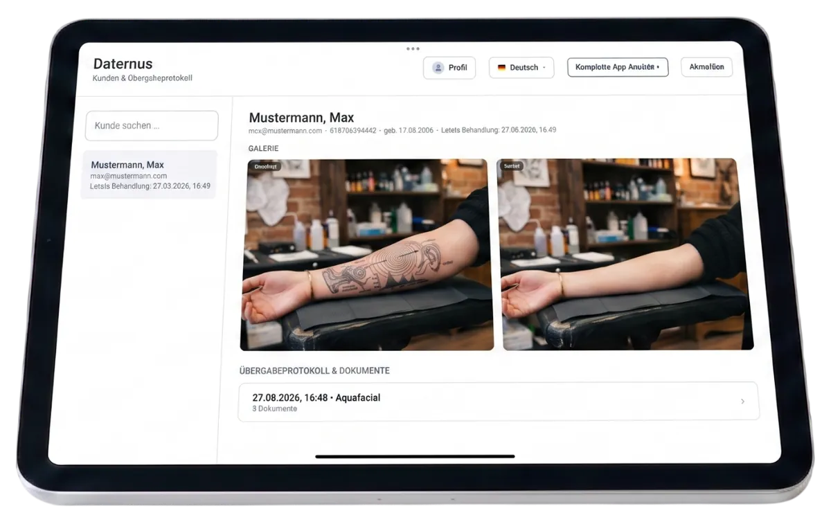 iPad mit dem Kundendatensatz: in der Galerie eine Vorher- und eine Nachher-Aufnahme, darunter Übergabeprotokoll und Dokumente.
